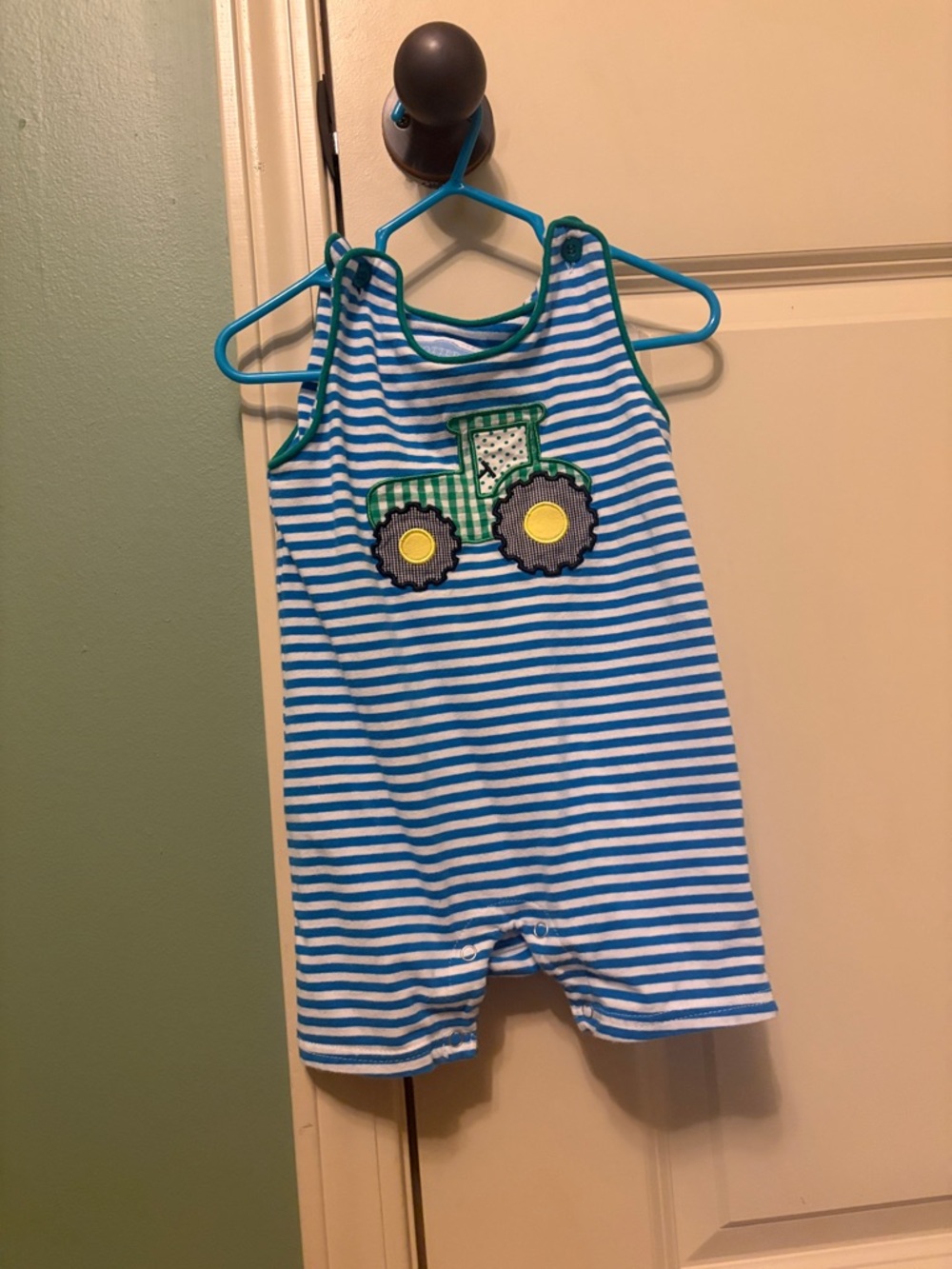 Blue & White Striped Baby Romper with Tractor Applique Trotter St. Kids